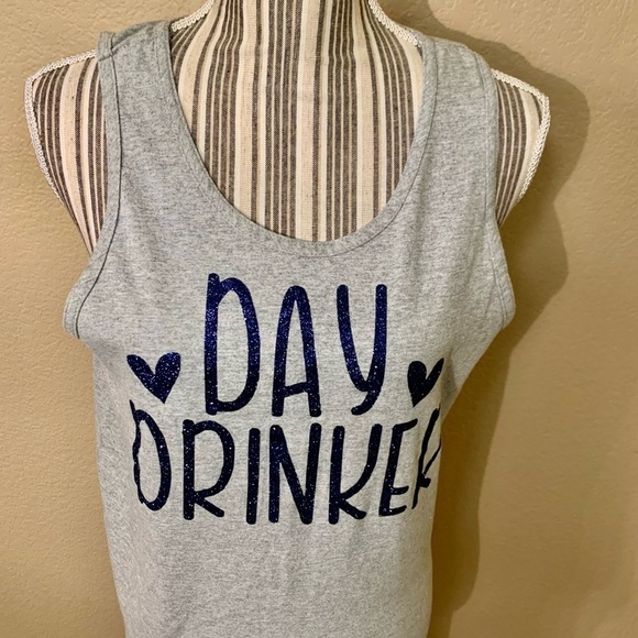 Graphic Tank Top Medium Grey “Day Drinker” Blue Glittery Print Alstyle Cotton - Picture 3 of 15